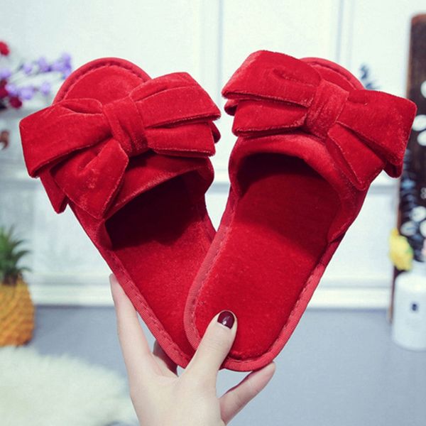 

girseaby winter slipper for girls women flock solid butterfly-knot big size 36-41 red grey black purple indoor outside f1004