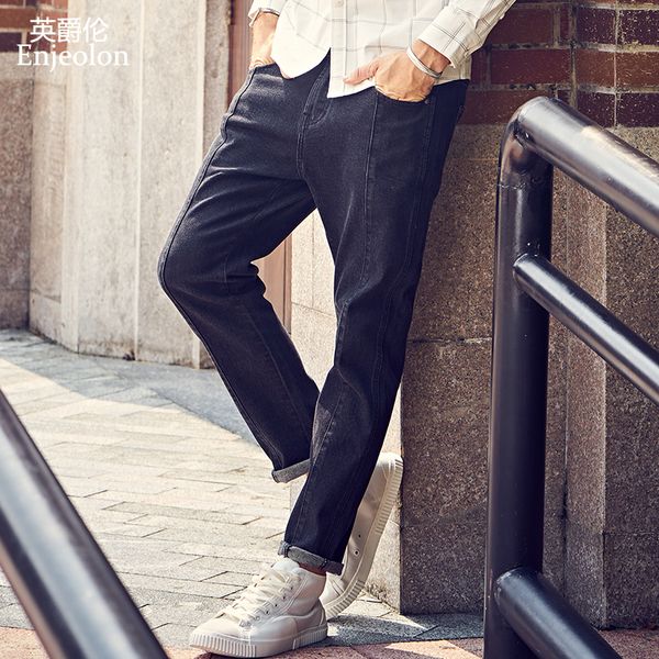 

enjeolon brand spring quality long full trousers men denim jeans cotton black solid males causal jeans male nz072, Blue