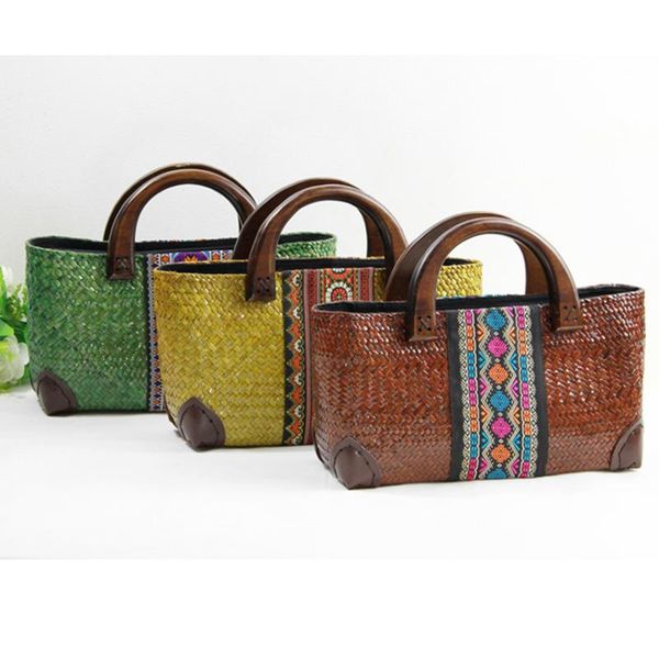 

new thai version of the seaweed handmade woven women european and american style wooden handle handbag retro travel beach bag