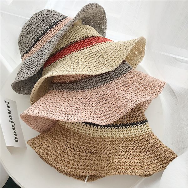 

wide brim hats straw hat female big summer bucket outdoor striped beach hand-woven sun, Blue;gray