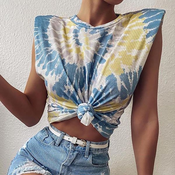 

designer tie dye shoulder pads sleeveless t shirts fashion natural color t shirts women clothes womens t shirt, White