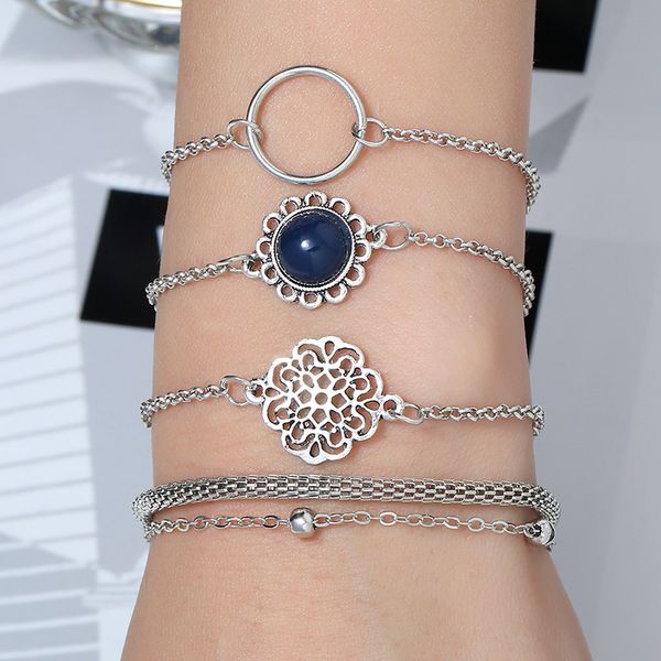 

5 pcs/set fashion silver color shell chain beads hollow flowers bracelet set women charm party wedding jewelry accessories, Black
