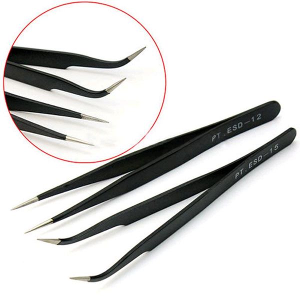 

black metal anti-static tweezers 2 pcs/lot nail art diy acrylic gel picking tools eyebrow eyelash tweezers