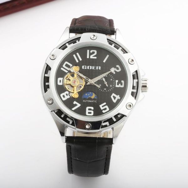 

2020 men mechanical wristwatches men moon phase tourbillon watches goer casual man watches leather price dropshipping, Slivery;brown