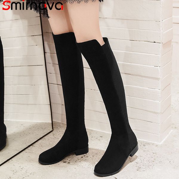 

smirnova black fashion autumn winter boots women round toe knee high boots med heels stretch fabric+cow leather big size