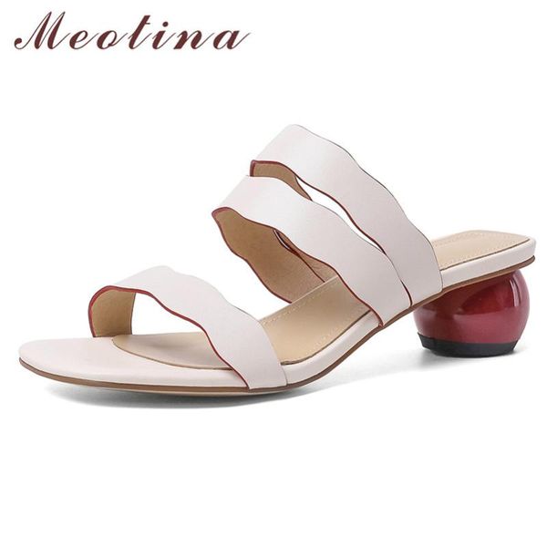 

meotina narrow band women shoes genuine leather mid heel slippers square toe strange style ladies slides summer sandals black 40