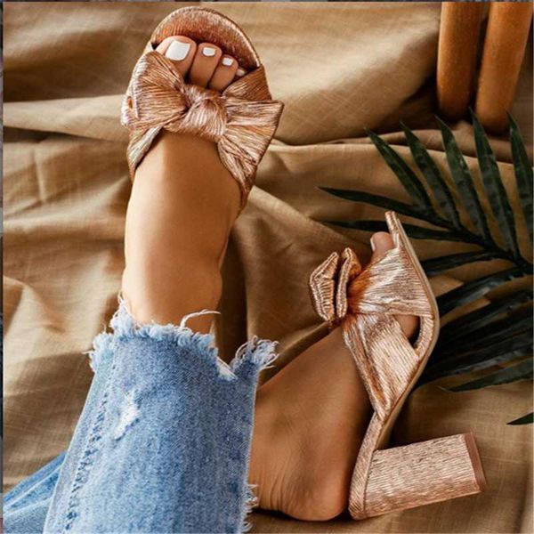 

summer women high heels mules slippers female peep toe square heels slippers champagne bowknot party shoes size 35-42, Black