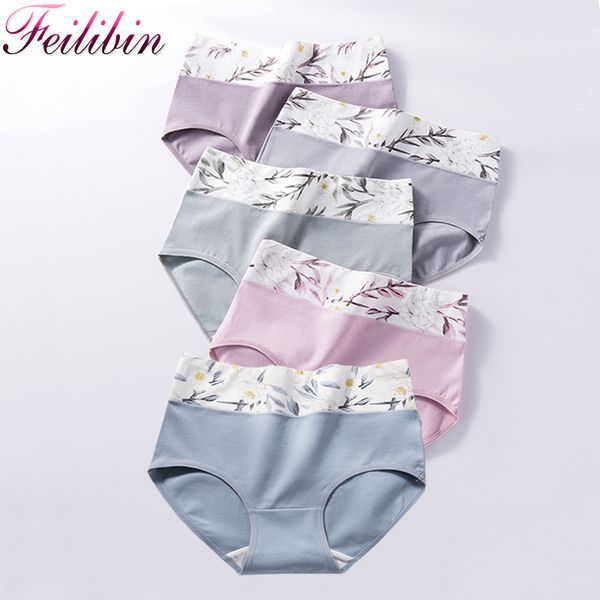 

women's panties feilibin 5pcs high waist women breathable cotton underwear cute print seamless briefs girls slimming lingerie xxl, Black;pink