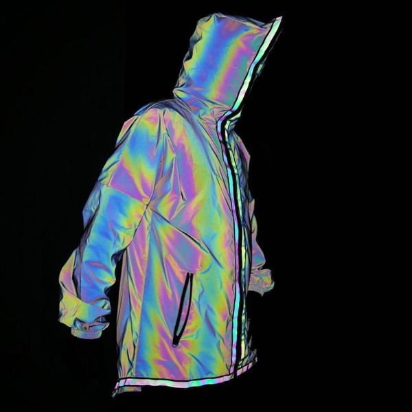 

men rainbow reflective light long jacket streetwear women hooded coat full zip jogger night dazzling hip hop dance outer garb, Black;brown