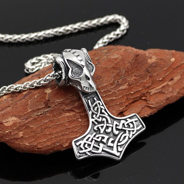 

norse skull thor hammer pendant viking ancient silver plated steel chain necklace men pendant amulets jewelry