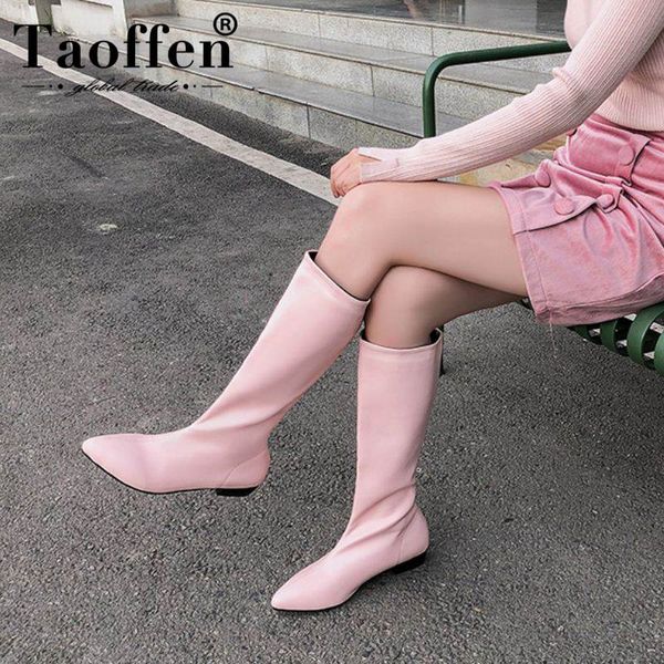 

taoffen 5 colors plus size 34-48 pu leather pointed toe knee high boots low heel flats zipper long boots classic footwear, Black