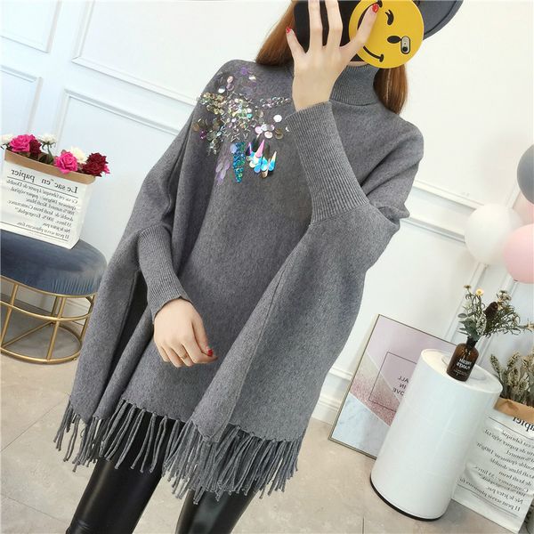 

2020 batwing sleeve kniited sweater spring winter sweater pullover women ladies embroidered sequin knitted coat, Black