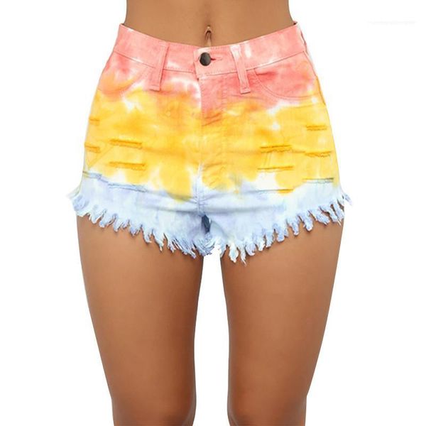 

waist jean shorts new women summer clothing womens tie dyed tassel shorts casual contrast color mid, White;black