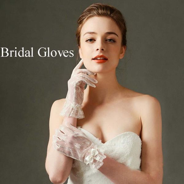 

korean bride dress lace pearl short gloves, Blue;gray