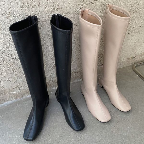 

2020 winter trending women square toe mid-calf boots low heels riding boots autumn zippers fur lady party valentine shoes, Black