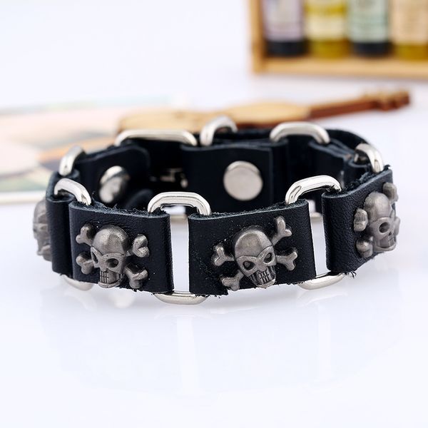 

new vintage punk black leather chain bracelet men jewelry personality steampunk skull charm bracelet jewelry
