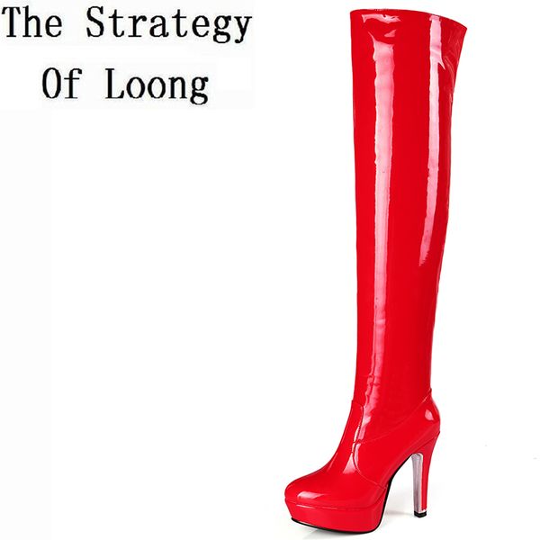 

pure color patent leather short plush super high heel women winter long boots thin heel pointed toe over the knee boots zy171009, Black