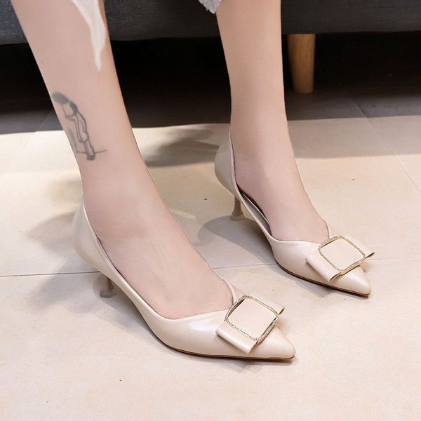 

2020 autumn single shoes women's bow square buckle high-heeled women's shoes shallow thin-heeled single, Black