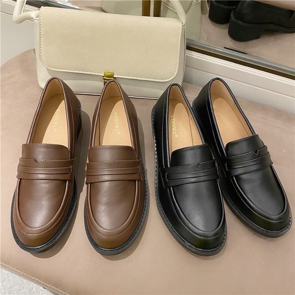 

round toe sewing casual brief woman shoes slip on comfy solid leather moccasins thick heels femme all match loafers trendy flats, Black