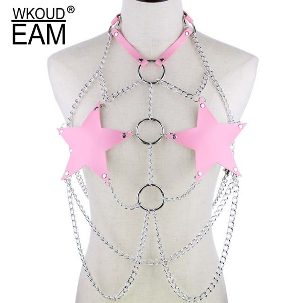 

wkoud eam 2020 new metal chain pu leather corset belt pentagram chain sling chest punk trendy waistband female pf547, Black;brown