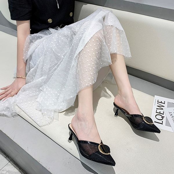 

2020 summer new fashion wear slippers female wild metal buckle baotou sandals fine heel shallow mouth shoes z929, Black
