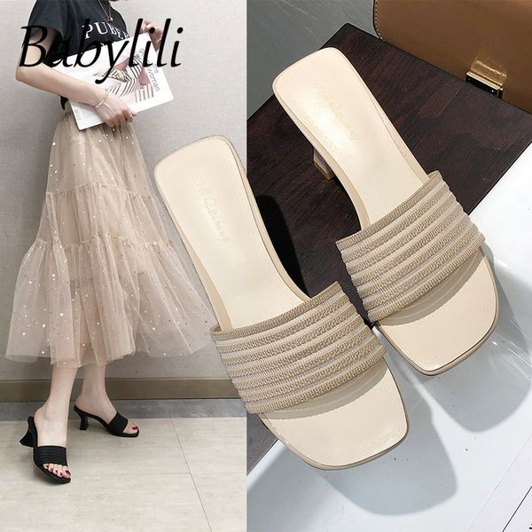 

slippers women summer sandals for ladies black high heels elegant breathable female slides square head beach vacation