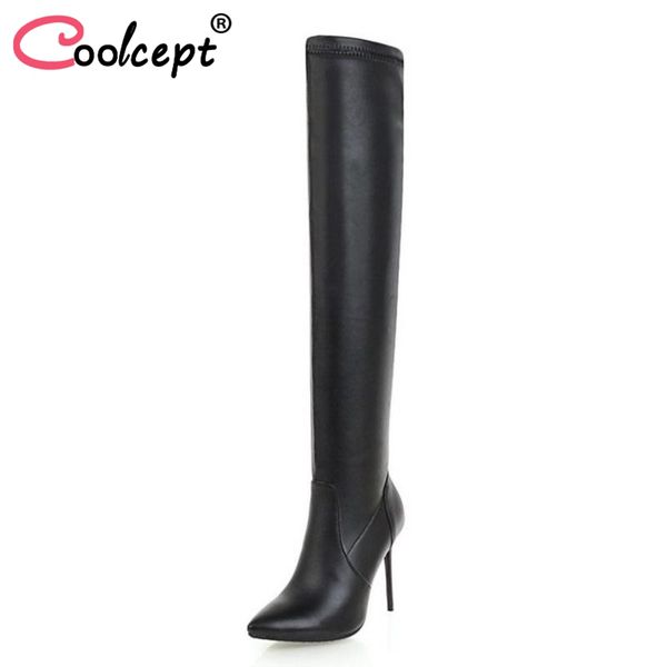 

coolcept plus size 33-46 women thigh high boots winter warm fur shoes woman high heels boots fashion pointed toe shoes, Black