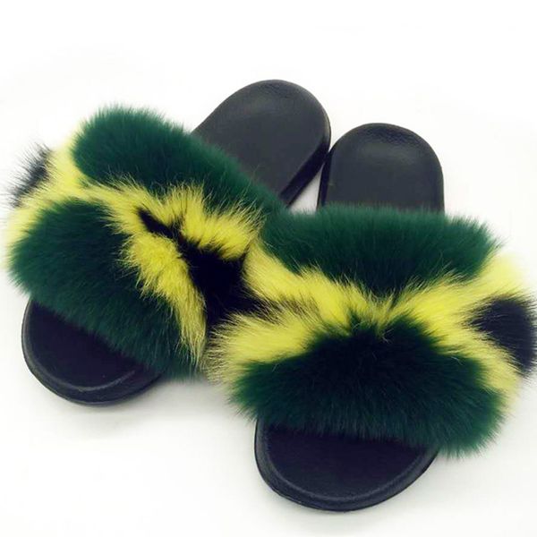 

women summer real fur slides women non-slip fluffy fur slippers furry slippers ladies cute plush hair hot, Black