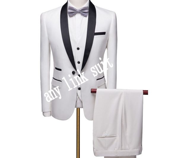Popüler Tek Düğme Beyaz Damat Smokin Şal Yaka Groomsmen Erkek Takım Elbise Düğün / Balo / Akşam Yemeği Blazer (Ceket + Pantolon + Yelek + Kravat) K532