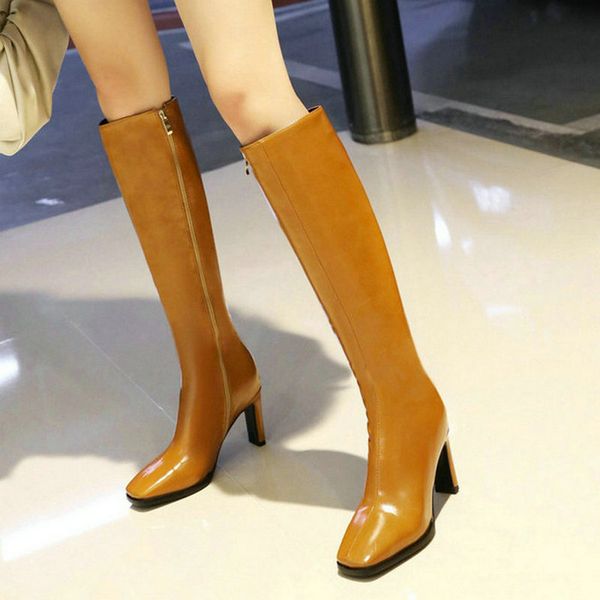 

boots 2021 women knee high heel fashion thick shoes square toe zipper ladies winter big size 43, Black