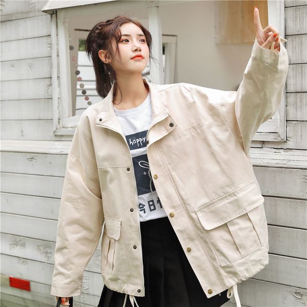 

new 2020 autumn jackets women double pockets loose solid casual windbreaker outerwear coat ladies outwear tooling jackets, Black;brown
