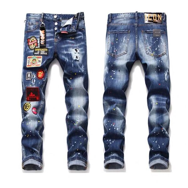 

Mens Jeans Summer New European and American Embroidery Jeans Men Slim Hole Stretch Jean Men's Fashion Badge Straight Long Pants