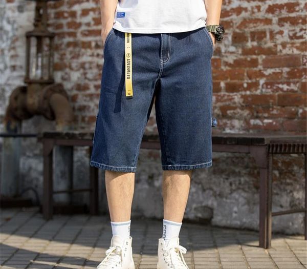 

fojaganto men fashion denim shorts summer men's casual straight knee length jeans trend brand slim wild denim shorts male, Blue