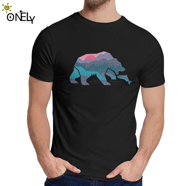 

man's t shirt bear country nature wildlife river mountains fishing 100% cotton summer classic round neck retro tee shirt