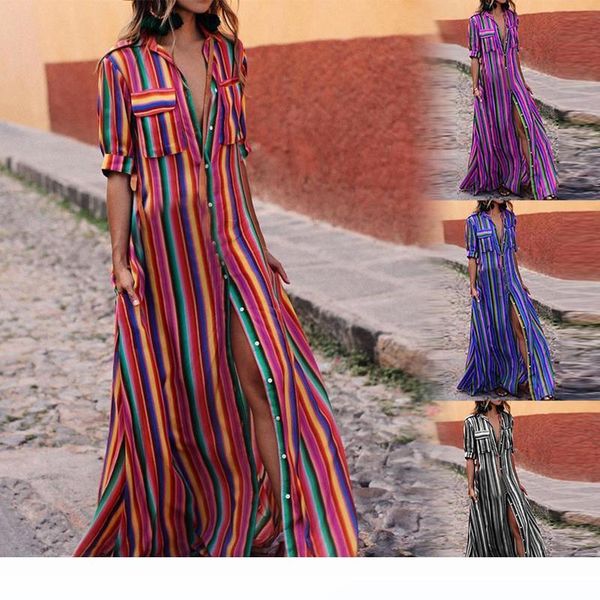 

2020 summer beach maxi dress high split sundress fashion colorful striped print boho long party dress robe, Black;gray