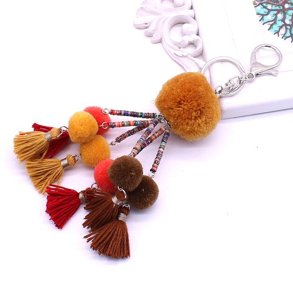 

keychain bohemian crystal hair ball tassel ladies keychain handmade beaded fashion bag buckle charm jewelry gift, Silver