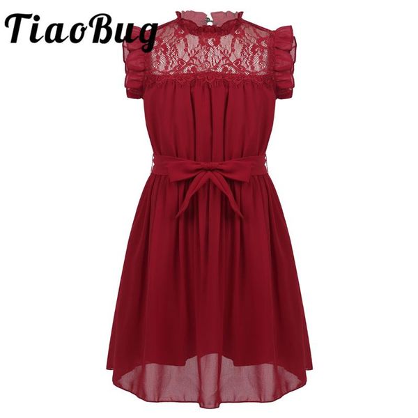 

sleeveless ruffle flounce neckline lace front yoke chiffon blouson flower girls tulle princess dress for party casual summer, Red;yellow