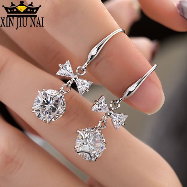 

cute female crystal round star bow drop earrings fashion 925 silver zircon stone earrings white pink dangle for women