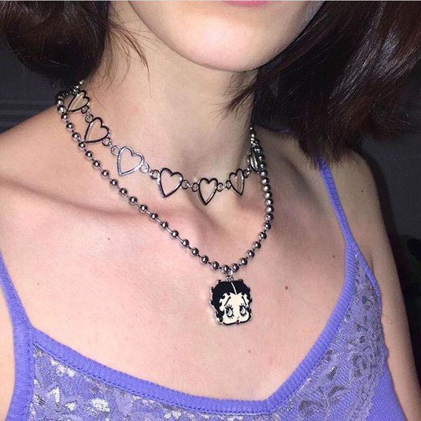 

betty gothic ins heart collares chollers harajuku punk stainless steel cool girl beads metal chian necklace for women girls, Silver
