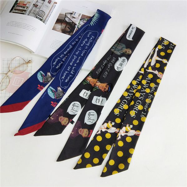 

2020 long ribbon hair scarf for women fashion print headbnad kerchief neck scarfs female hair handkerchief bag scarves for lady, Blue;gray
