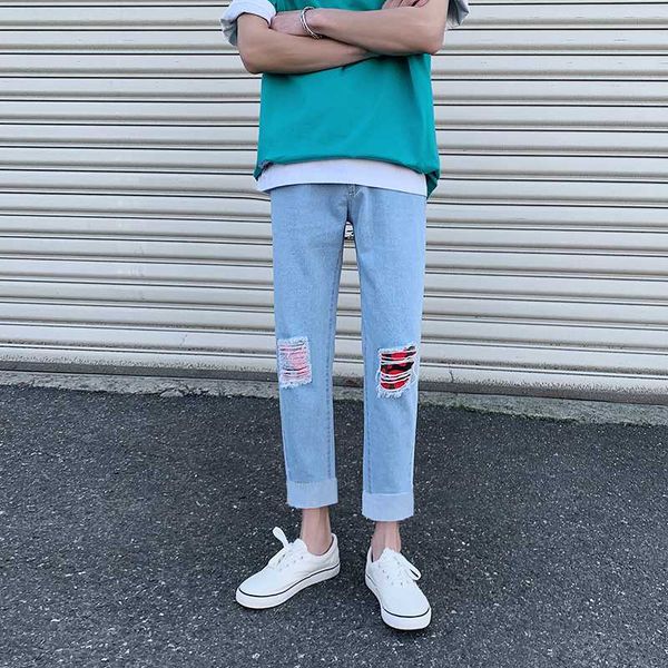 

men's jeans mens summer ripped for men casual black blue skinny slim fit denim pants biker hip hop with holel