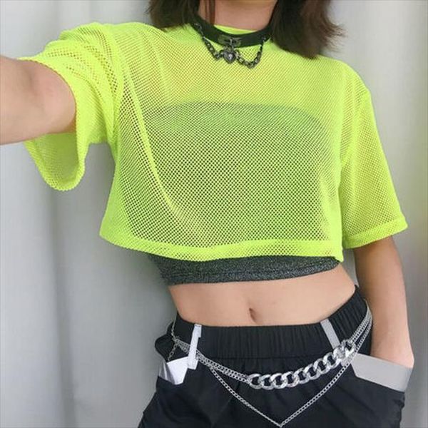 

fashion women sheer mesh crop neon green see through short sleeve casual t shirt punk gothic party club clothes, White