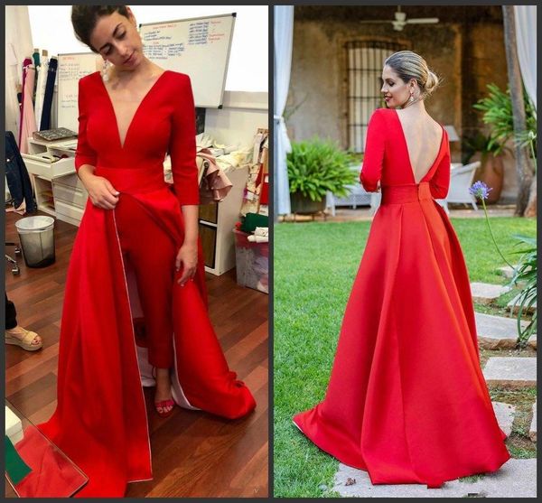 

new jumpsuit v-neck evening dresses pants 3/4 sleeve satin saudi arabia vestidos de festa party dress prom formal pageant celebrity gowns, Black;red