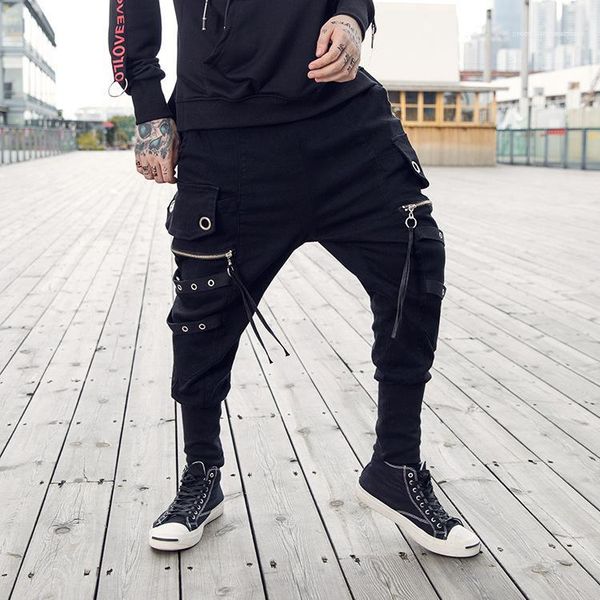 

cross pants fashion drawstring multi pockets ribbon loose black harem sweatpants hip hop men streetwear joggers mens ankle banded
