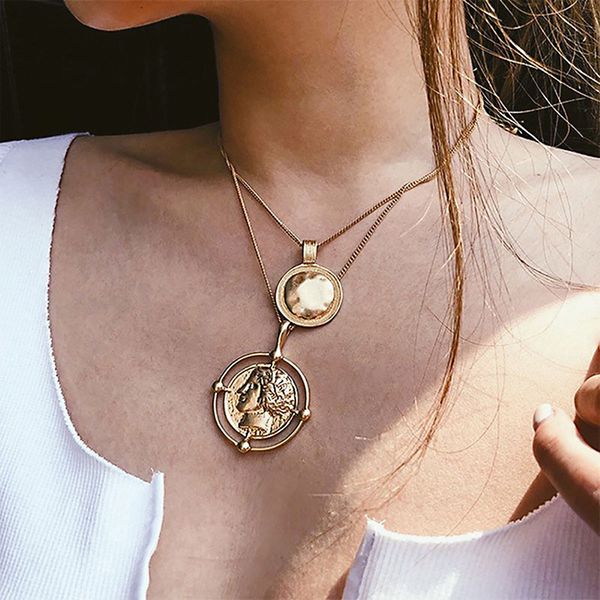 

punk multi layer portrait multilayer choker necklace women vintage carved coin pendant necklace jewelry collares, Silver