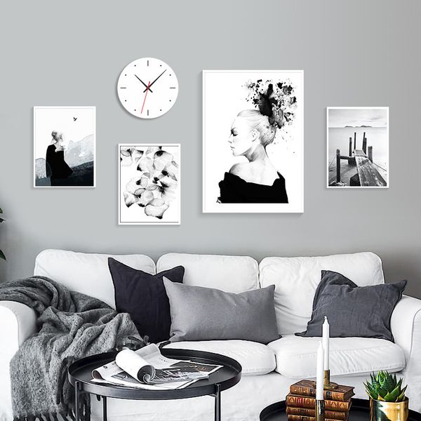 

black and white women's art painting flowers elegant north europe poster living room decoration background wall frameless