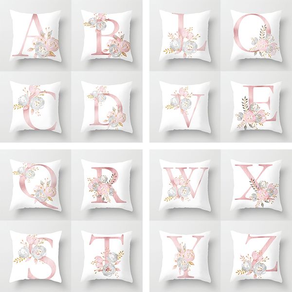 

45x45cm pink letters polyester peachskin pillowcase ins nordic style alphabet flower throw pillow cover for sofa home tpr116