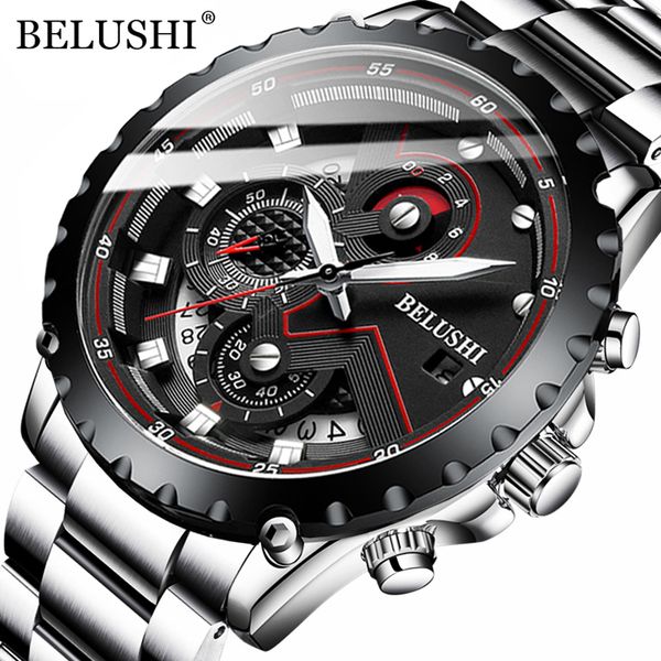 

belushi mens watches stainless steel quartz watch men waterproof chronograph sport wristwatch relogio masculino, Slivery;brown