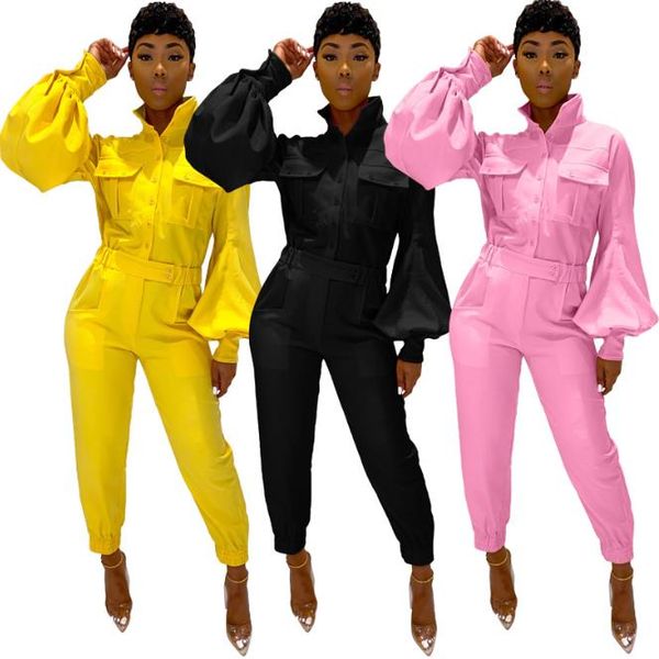 

lantern sleeve women jumpsuits casual solid color button stand collar slim overall autumn women designer clothes 2020, Black;white
