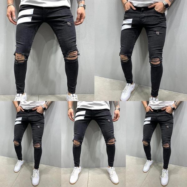 

men's jeans men danim skinny long pants vintage hole ripped casual pencil fashion print streetwear tight pockets d30, Blue
